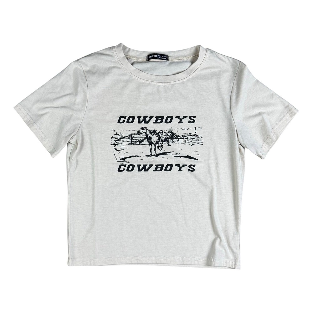 SHEIN‎ John Galt Knockoff Cowboys Tee Women's M Cropped Western Style Beige